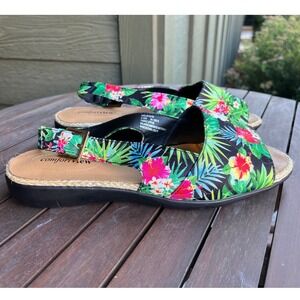 Comfortview Adele Sandals Womens 9.5W Black Tropical Floral Slingback Espadrille